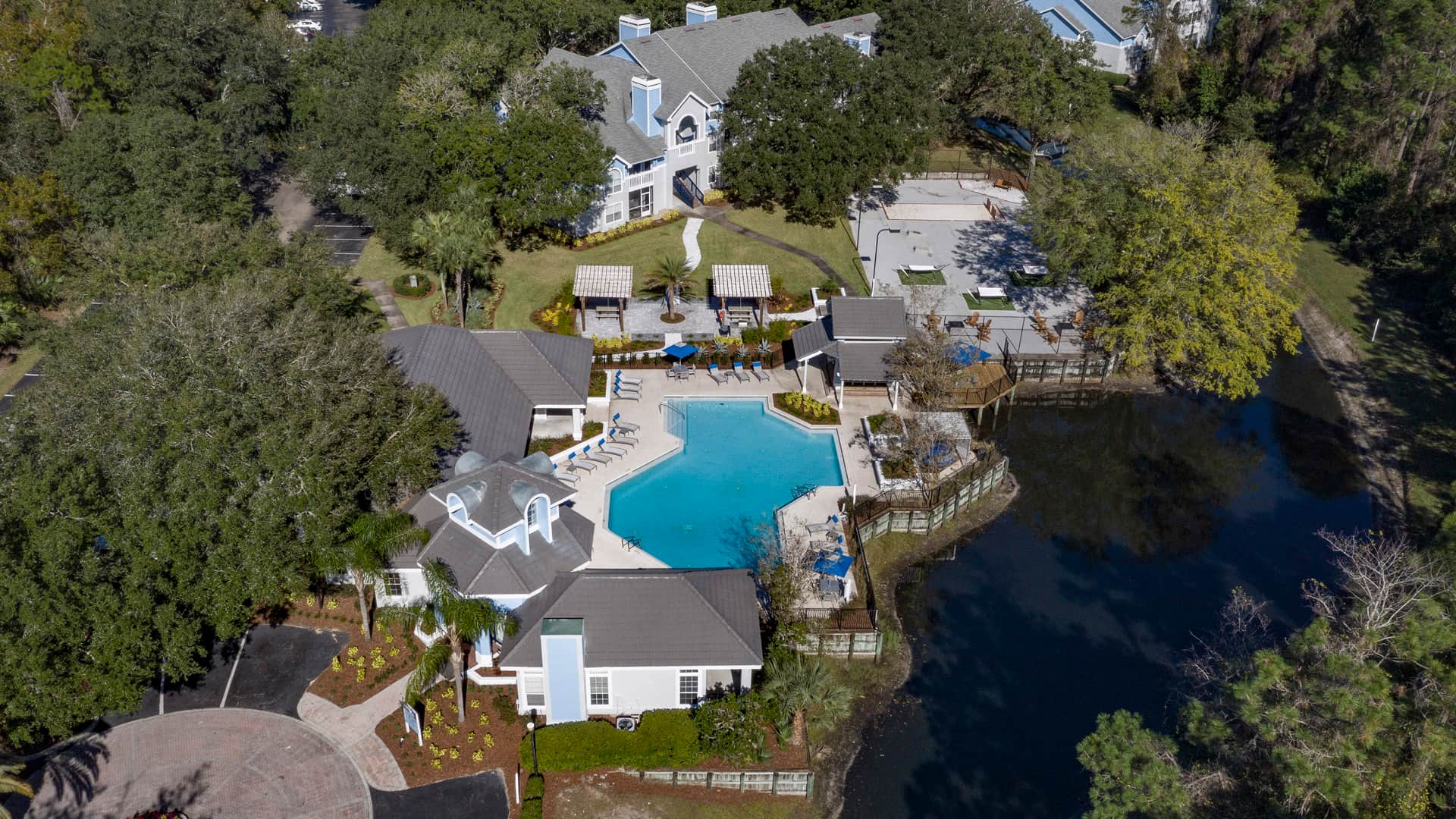aerial view of Southside Villas with pool