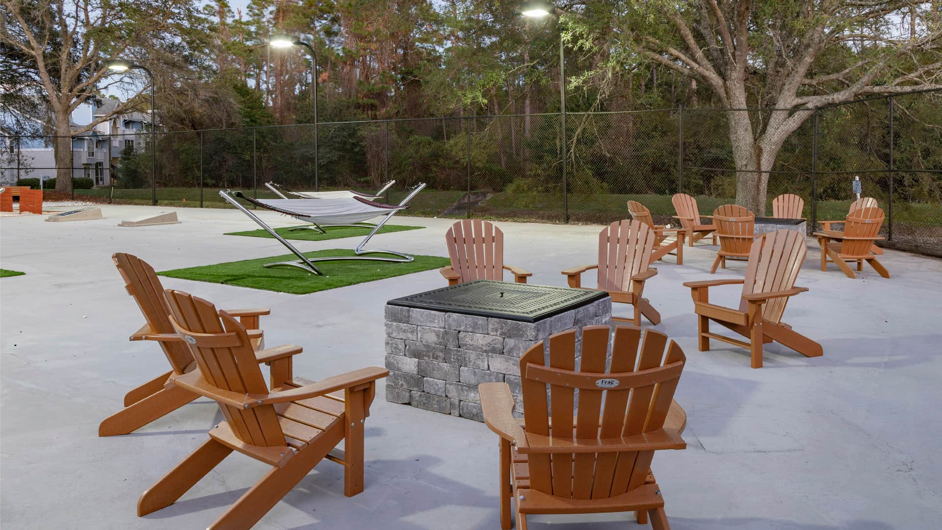 Community Hammock Garden, gaming area and fire pit