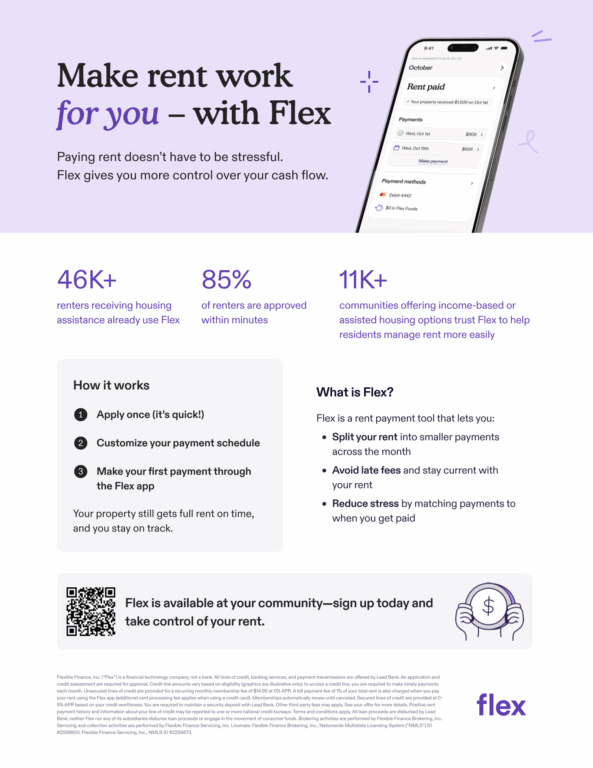 Get Flex purple flyer, a third-party that allows you to pay rent bi-monthly, https://app.getflex.com/